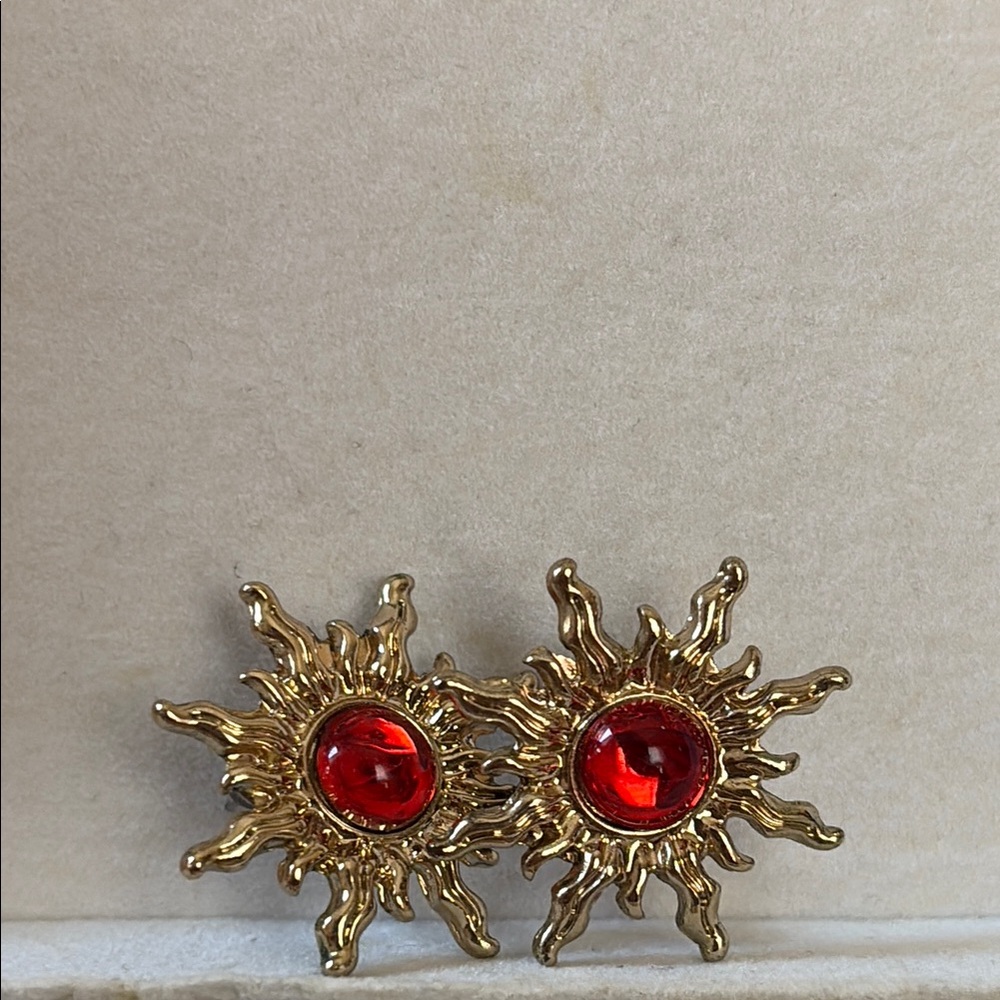 Gold Sunburst Earrings with Red Gem